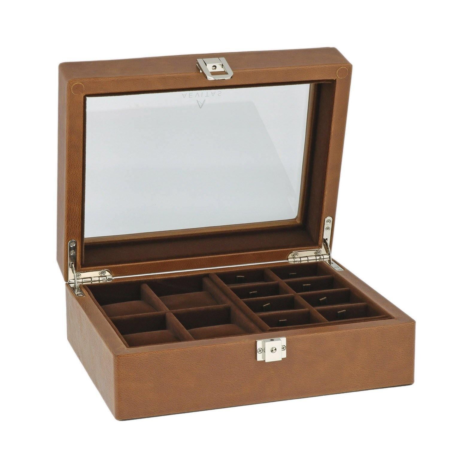 16 Pair Cufflinks 4 Piece Watch Box Brown Genuine Leather by Aevitas