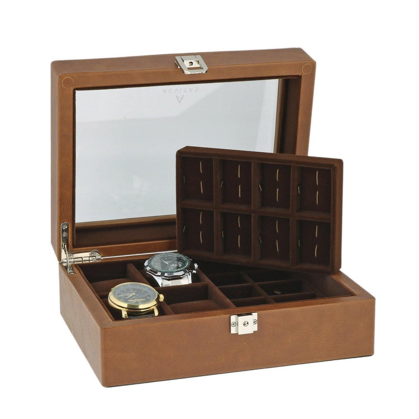 16 Pair Cufflinks 4 Piece Watch Box Brown Genuine Leather by Aevitas