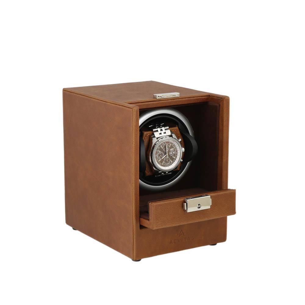 Brown Genuine Leather Watch Winder - Slide Away Door - Deep Brown Velvet Lining by Aevitas