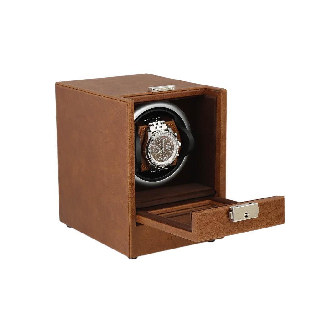 Brown Genuine Leather Watch Winder - Slide Away Door - Deep Brown Velvet Lining by Aevitas