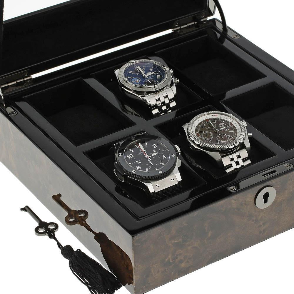 Premium Quality Dark Burl Wood Finish Watch Collectors Box for 6 Watches by Aevitas