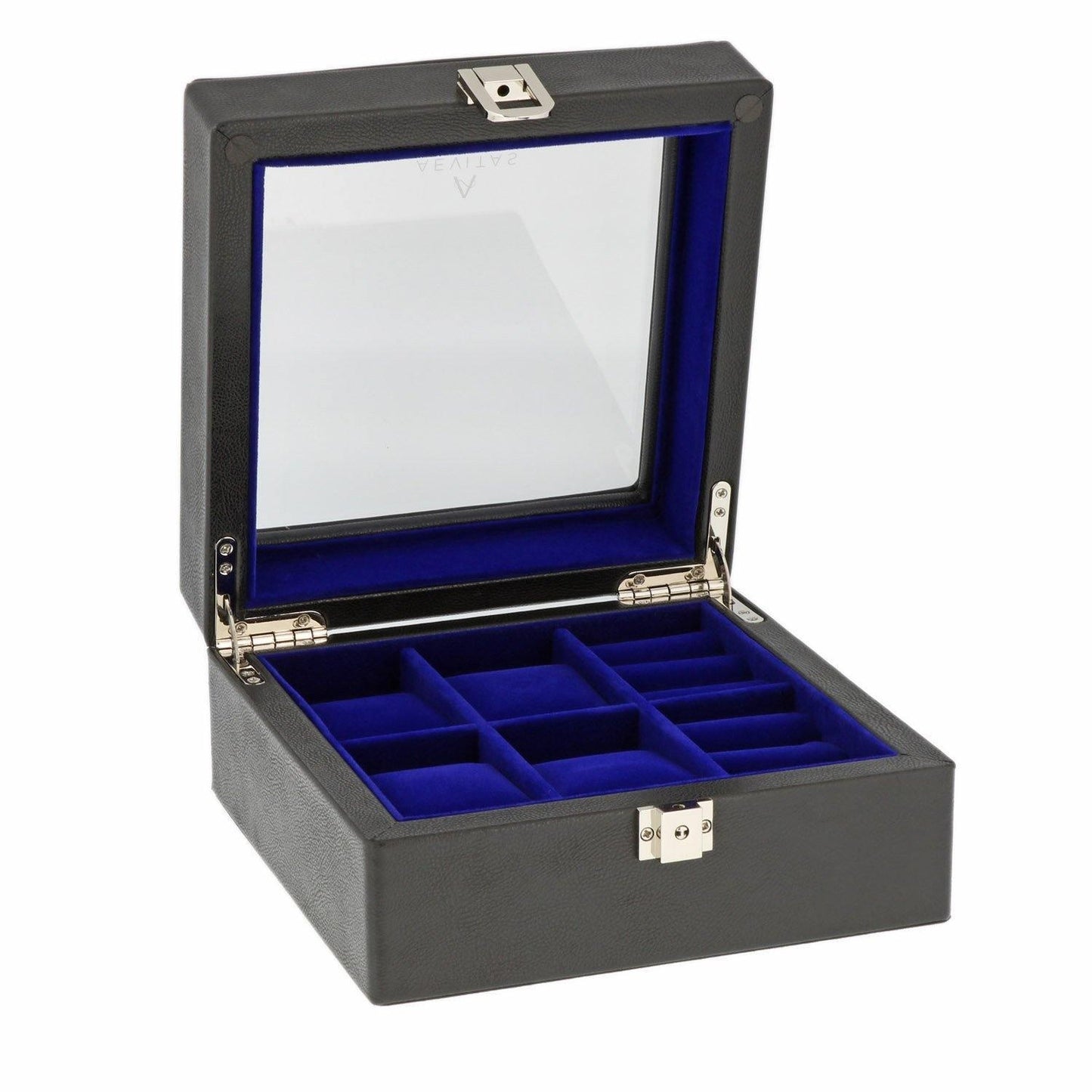 Black Genuine Leather 4 Watch + 4 Pair Cufflink Collectors Box Royal Blue Velvet Lining by Aevitas