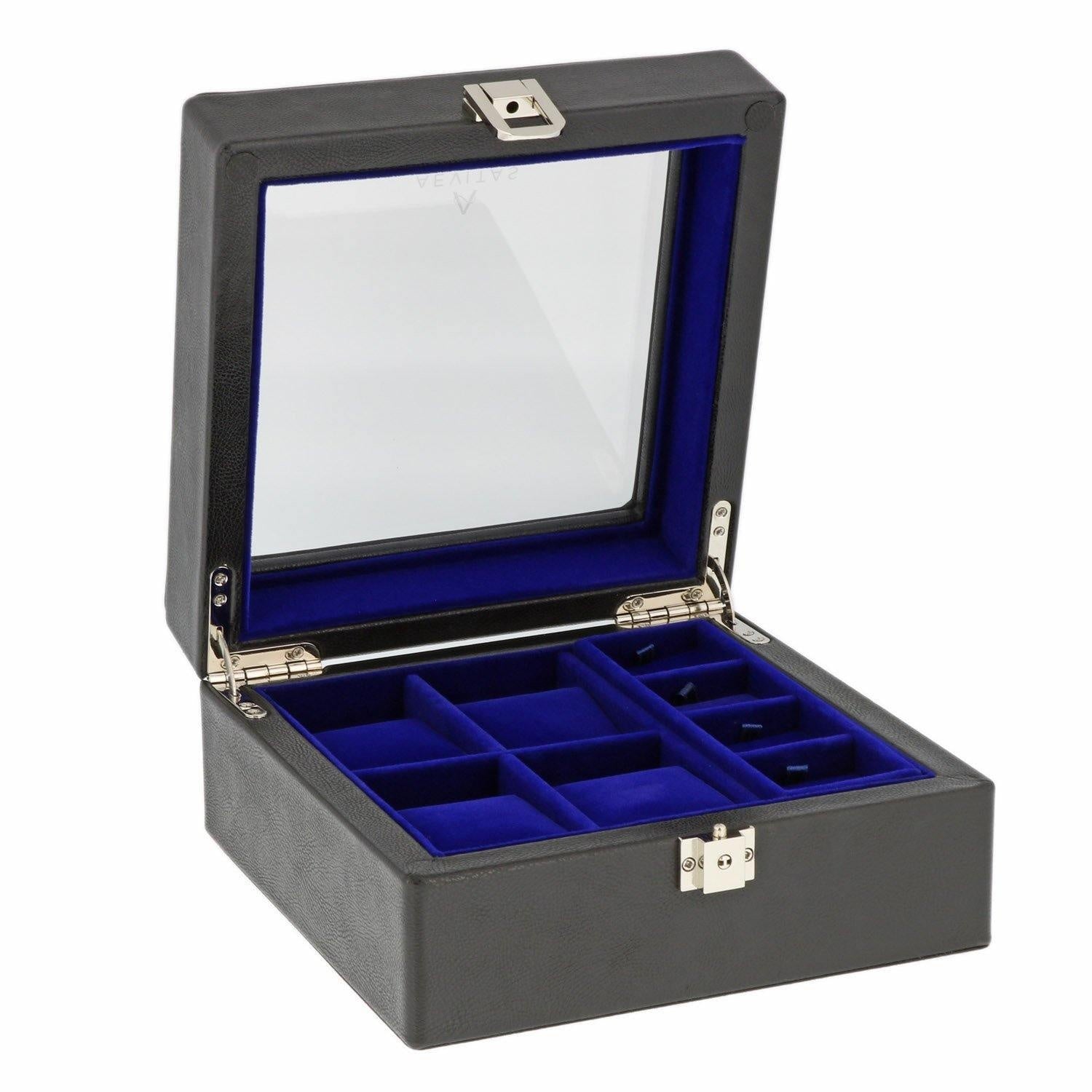 Black Genuine Leather 4 Watch + 8 Pair Cufflink Collectors Box Royal Blue Velvet Lining by Aevitas