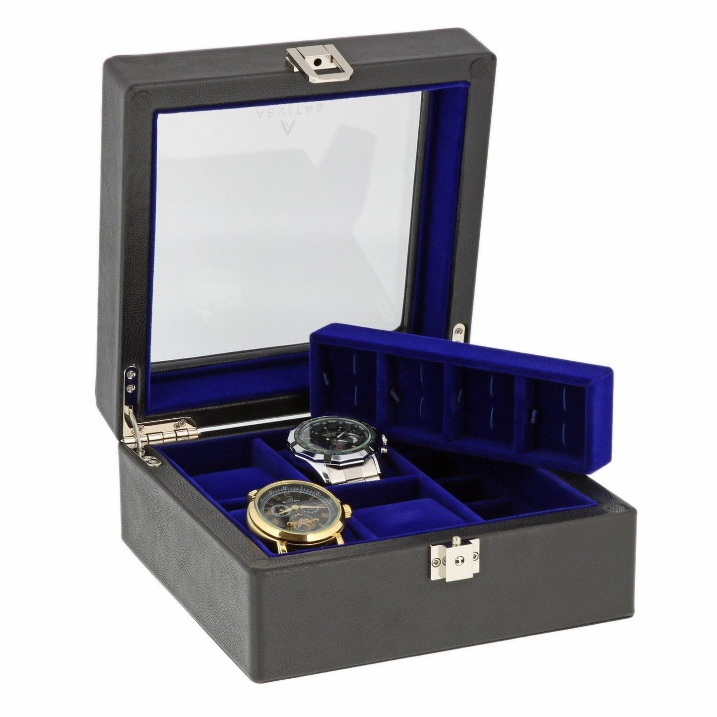 Black Genuine Leather 4 Watch + 8 Pair Cufflink Collectors Box Royal Blue Velvet Lining by Aevitas