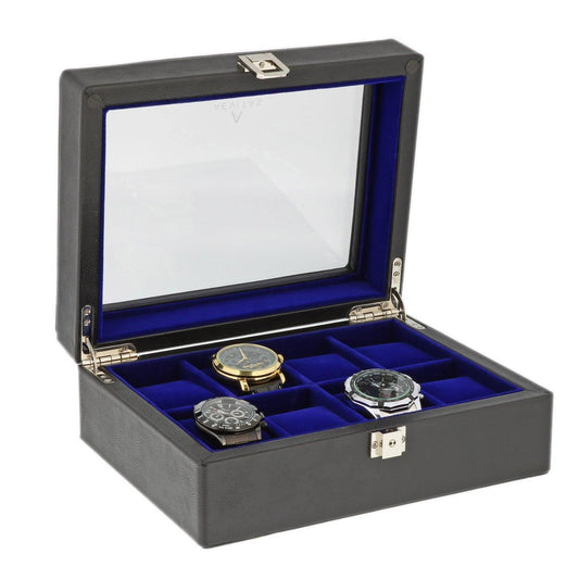 Black Genuine Leather Watch Collectors Box for 8 Wrist Watches Royal Blue Velvet Lining by Aevitas