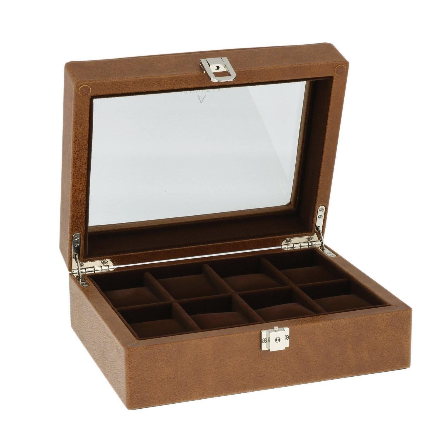 Cognac Brown Genuine Leather Watch Collectors Box for 8 Wrist Watches Velvet Lining by Aevitas